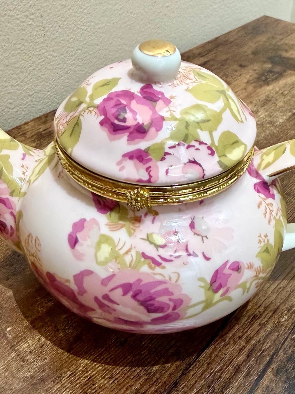 Formalities by Baum Bros Pink Rose Chintz Teapot Hinged Trinket Box Gold Trim